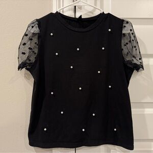 Pearl Studded Top with Sheer Polka Dot Sleeves